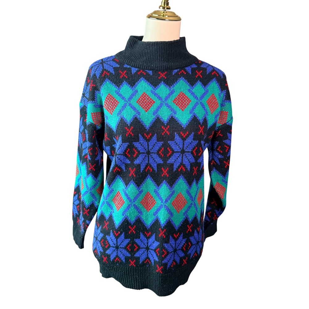 Vintage 1980s Simsbury Sweater Small Fair Isle Argyle Turtleneck Metallic Lurex